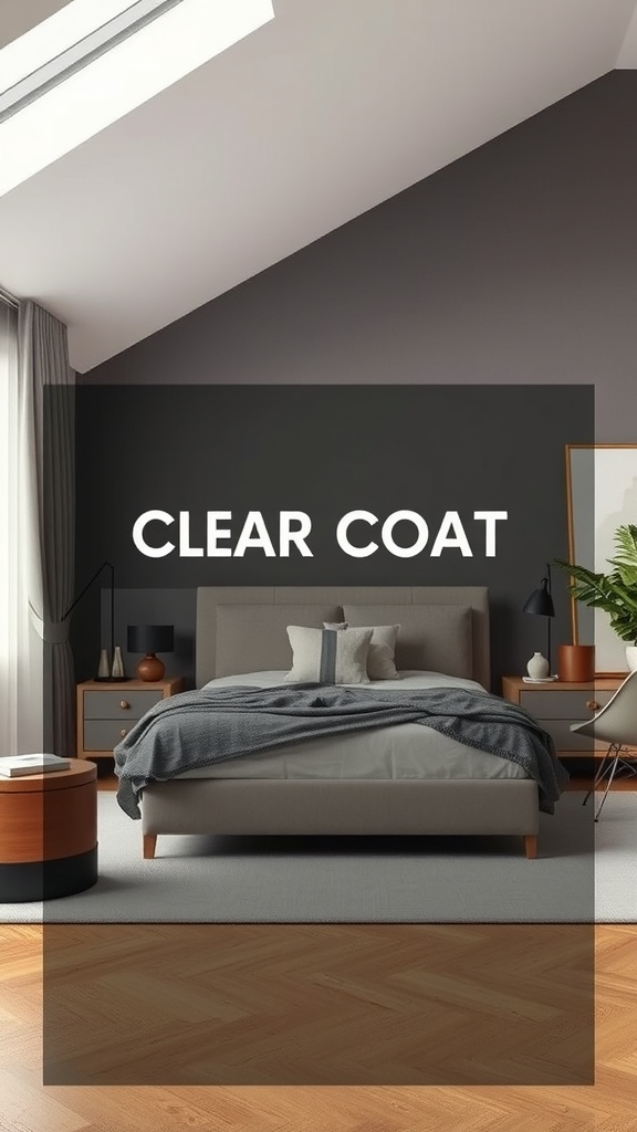 A modern bedroom featuring a clear coat finish over latex paint, showcasing a cozy and stylish atmosphere.