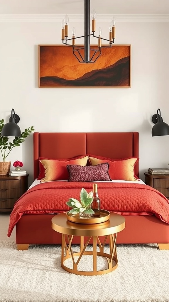 A cozy terracotta-themed bedroom featuring a terracotta bed, jewel-toned cushions, and elegant gold accents.