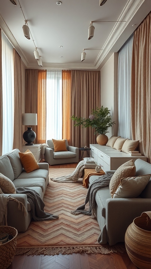 Cozy living room with layered textiles, featuring soft couches, textured throws, and warm colors.