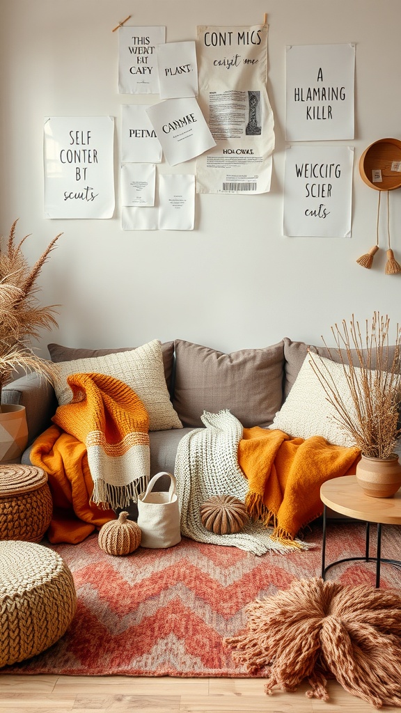 A cozy living room with layered textiles, featuring warm throws, pillows, a patterned rug, and wall art.