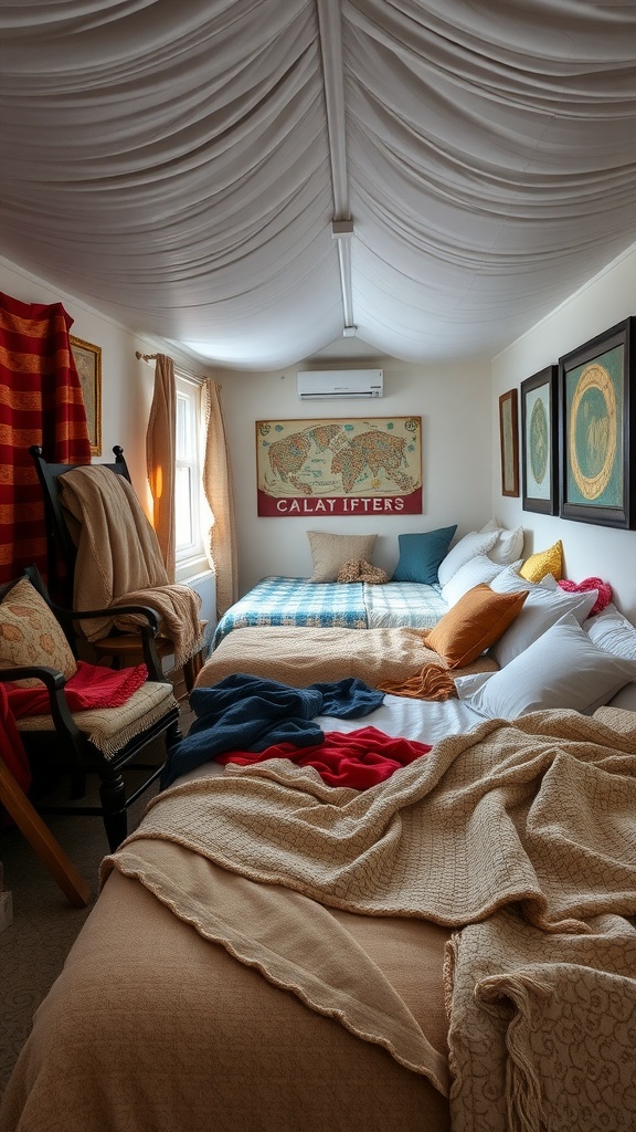 A cozy long bedroom with layered textiles including blankets and pillows, featuring a warm color palette and decorative wall art.