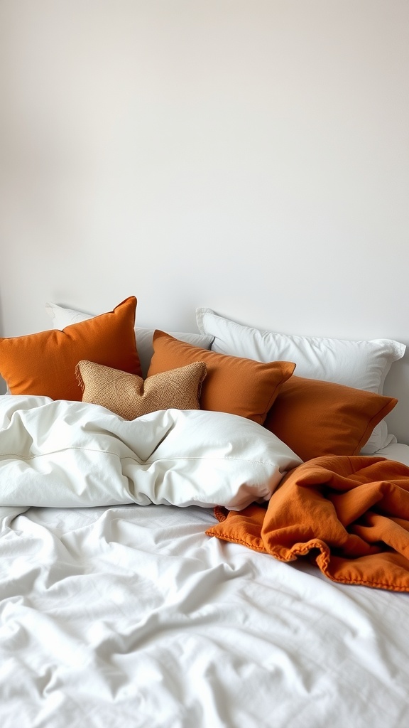 A cozy bed with terracotta and white pillows and a blanket