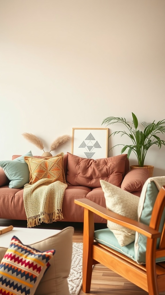 A cozy living room with a warm sofa, colorful cushions, a wooden chair, and plants.