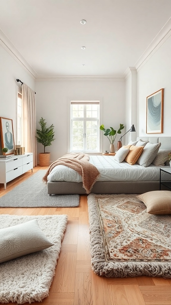 A cozy bedroom featuring layered textures with a bed, rugs, and plants.