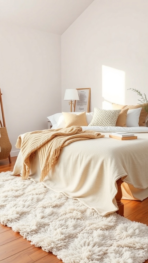 A cozy bedroom featuring a layered bed with soft blankets and pillows, a fluffy rug, and warm lighting.