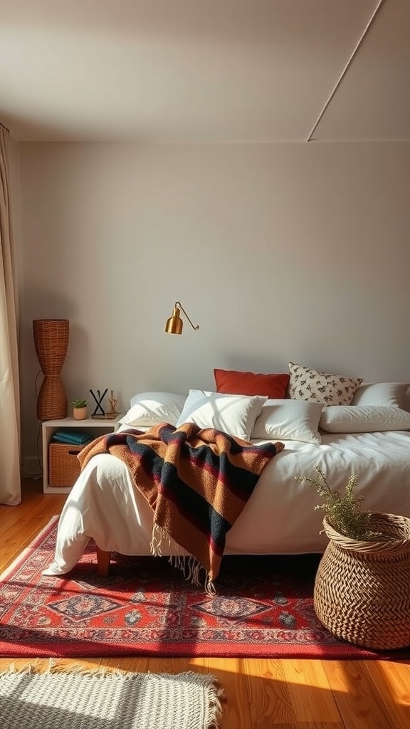 A cozy bedroom featuring a bed with colorful pillows and a throw blanket, a patterned rug, and natural decor elements.