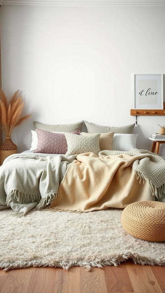 A cozy Scandinavian bedroom featuring layered textures with blankets and cushions