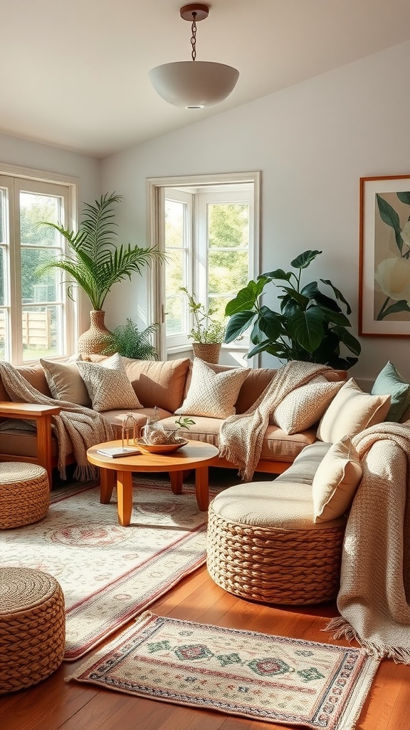 A cozy family room with layered textures, featuring soft cushions, woven ottomans, and green plants.