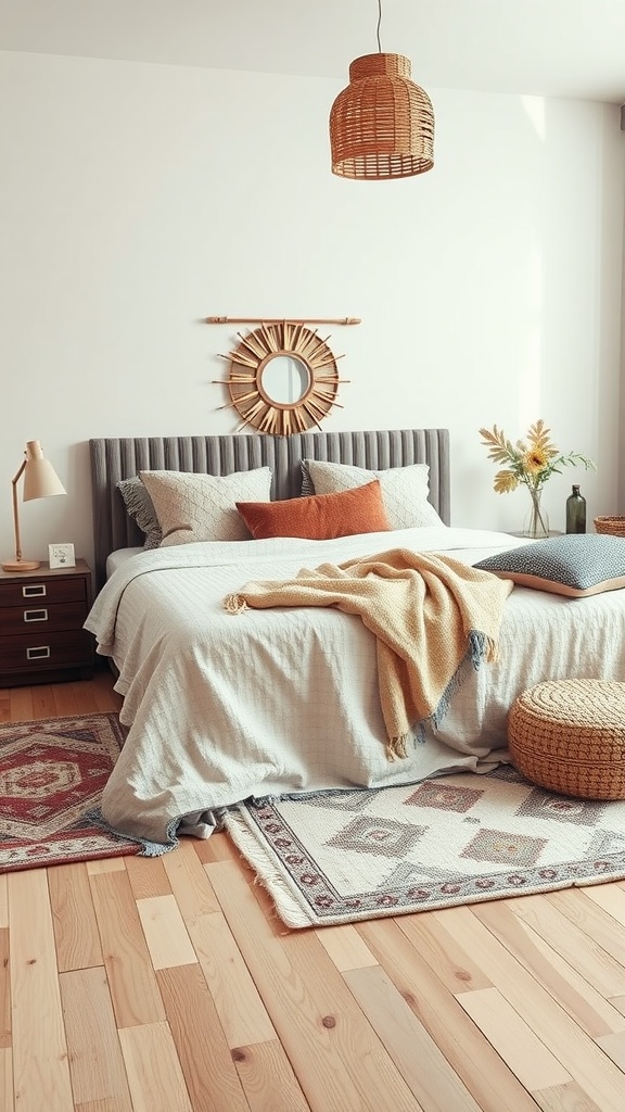 A cozy Scandinavian boho bedroom featuring layered textures, including a soft bedspread, knitted throw, and patterned rugs.