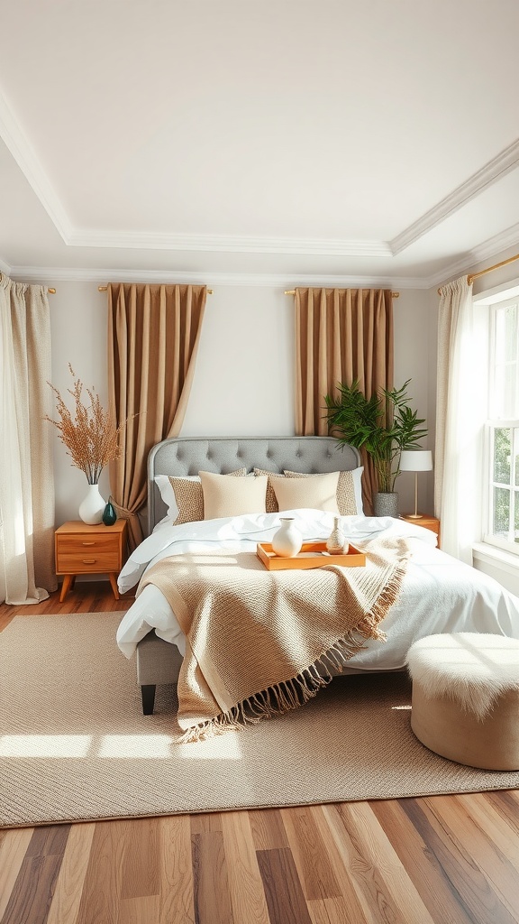 A cozy primary bedroom featuring layered textures with a soft bed, chunky knit throw, plush pillows, and natural fiber elements.