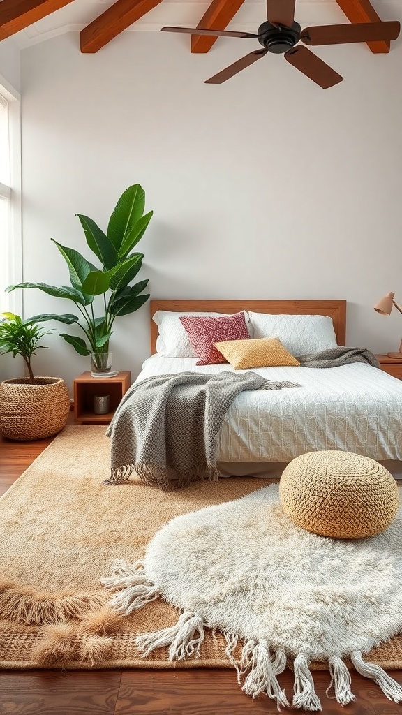 A cozy tropical bedroom featuring layered textures with a bed, throw blankets, plants, and a warm color palette.