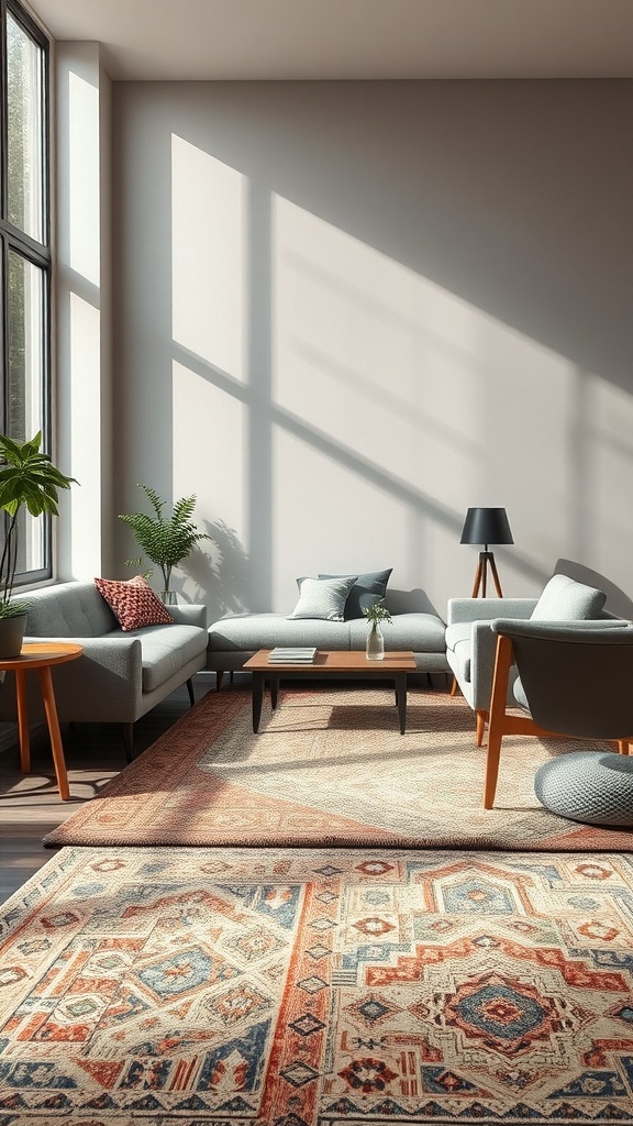 A bright living room featuring two layered rugs with intricate patterns and a cozy seating area.