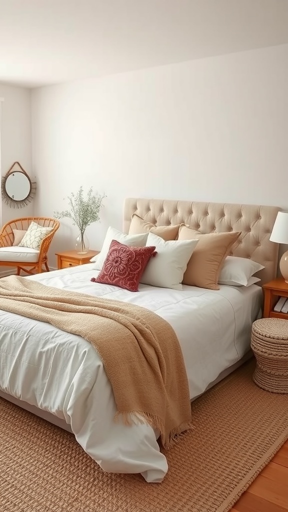 A cozy summer bedroom with a beige throw, decorative pillows, and a rattan chair.