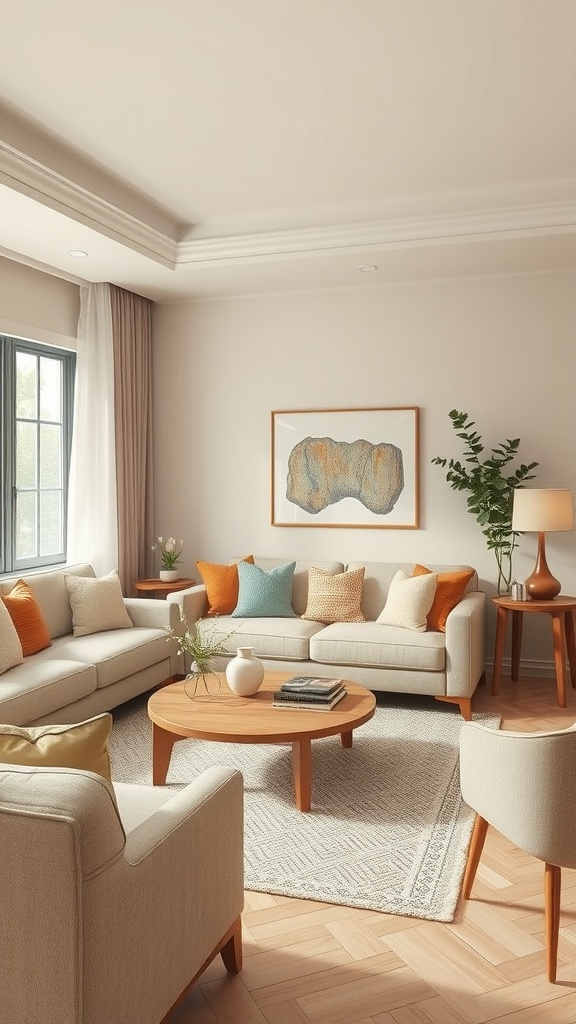 A cozy living room with a beige sofa, colorful cushions, a wooden coffee table, and plants, showcasing layered textures.