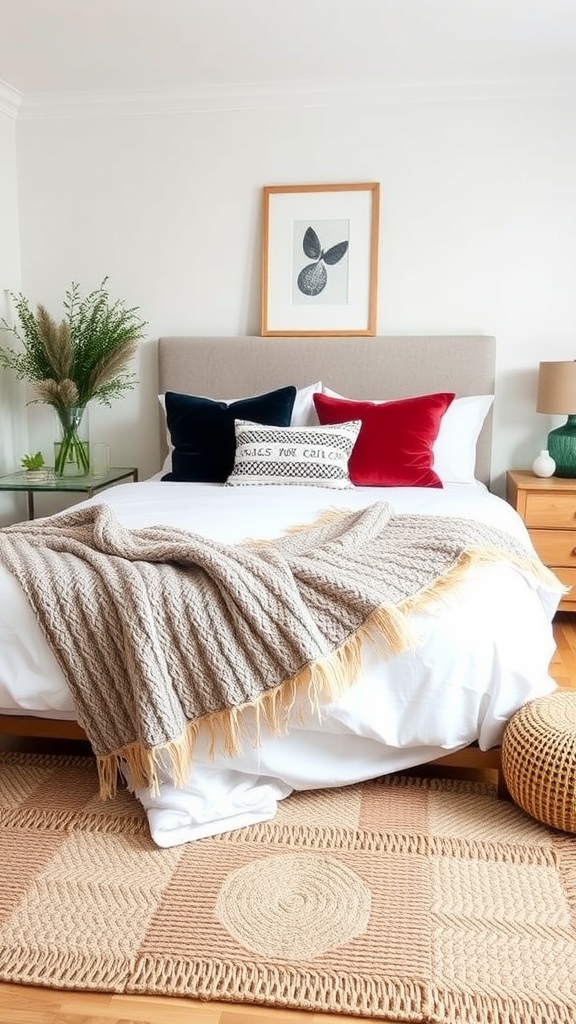 A well-decorated guest bedroom featuring a cozy bed with layered textures, including a knitted throw blanket and plush velvet pillows, accompanied by a woven rug and decorative greenery.