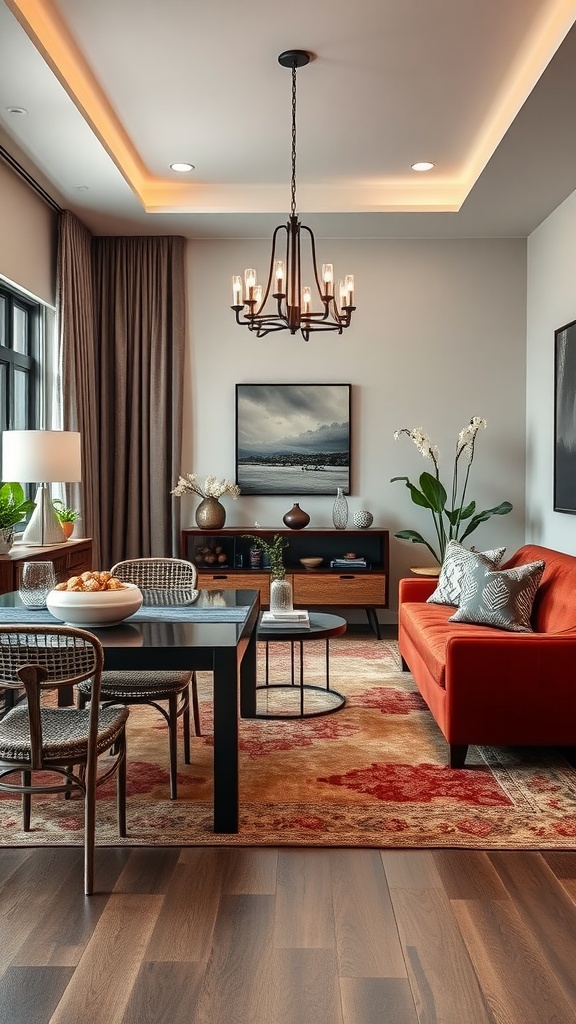 A cozy dining and living room combo with a red sofa, black coffee table, and a stylish chandelier.