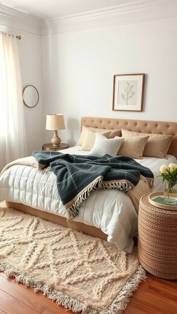 A small rectangular bedroom featuring a cozy bed with layered textures, including a white quilt, dark throw blanket, and decorative pillows, complemented by a woven rug and stylish accessories.