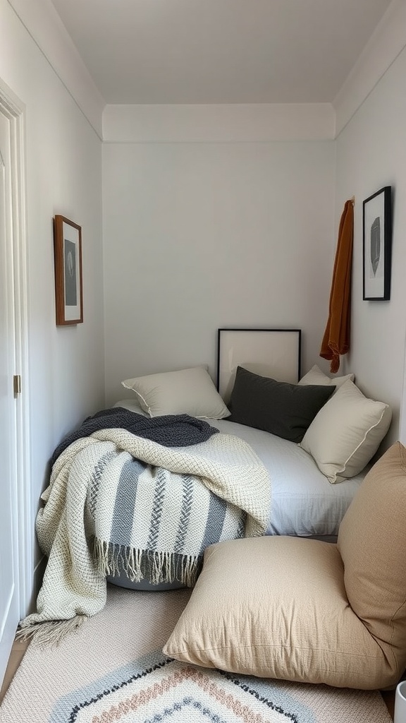 A cozy narrow bedroom featuring layered textures with a bed, pillows, and a patterned rug.