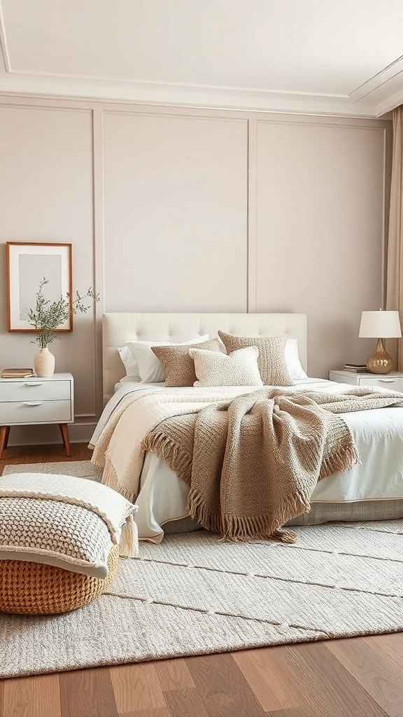 A cozy greige bedroom featuring layered textures with a bed adorned with pillows and a throw, a woven basket, and light wood flooring.