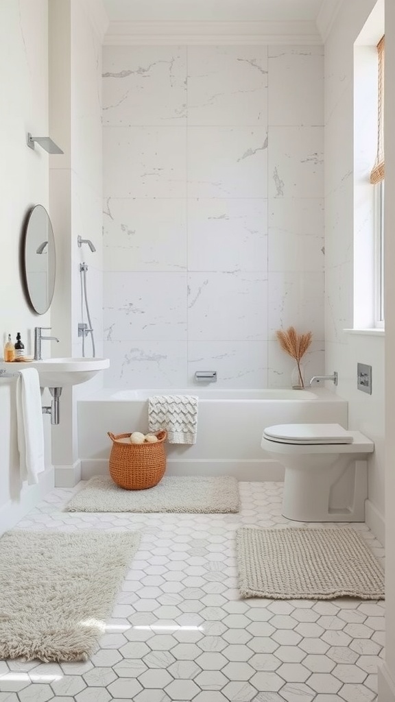 A modern bathroom featuring hexagon tile flooring, light marble walls, and cozy textures.