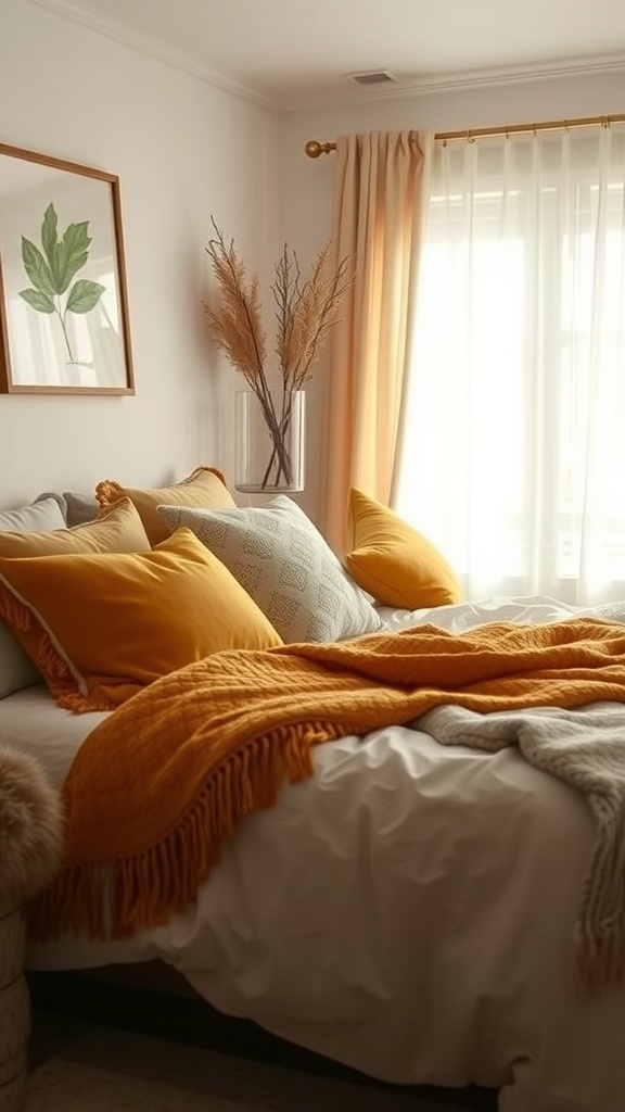 A cozy bedroom with mustard yellow accents, featuring a white bed with yellow pillows and a throw blanket, natural decor, and sunlight coming through sheer curtains.