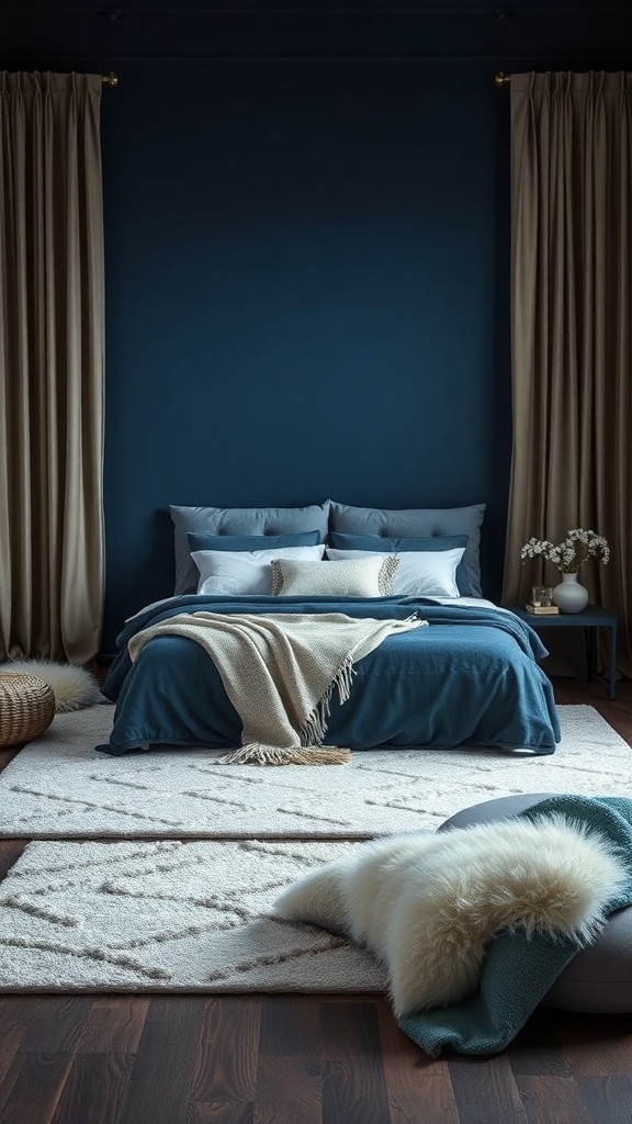 A cozy navy blue bedroom with layered textures, featuring a dark wall, soft bedding, and contrasting rugs.