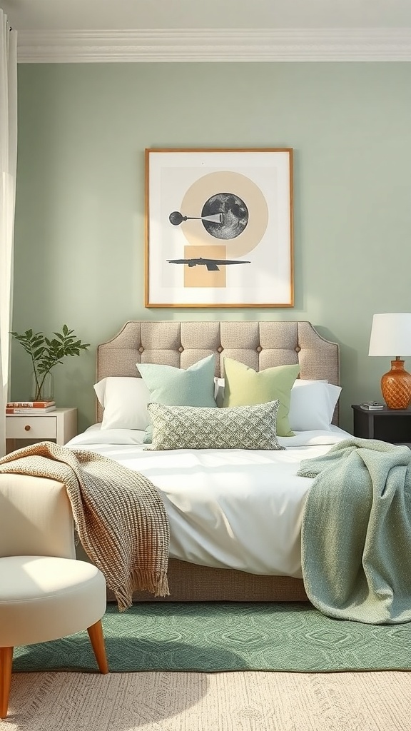 A cozy pastel green bedroom featuring a tufted headboard, colorful pillows, a knitted throw, and a plush area rug.