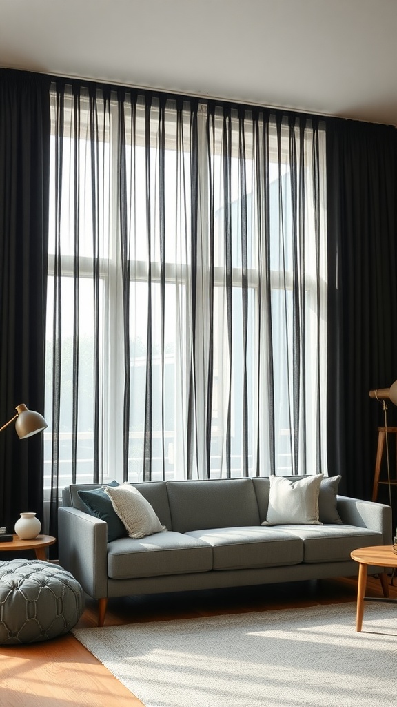 A modern living room with black curtains and sheer curtains layered over large windows, featuring a gray sofa and decorative elements.