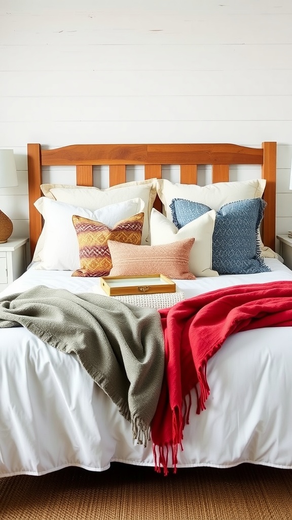 A cozy farmhouse bedroom with layered pillows and throws on a bed.
