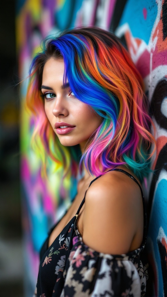 A woman with medium length layered hair featuring vibrant colors like pink, blue, and orange, standing against a colorful graffiti wall.