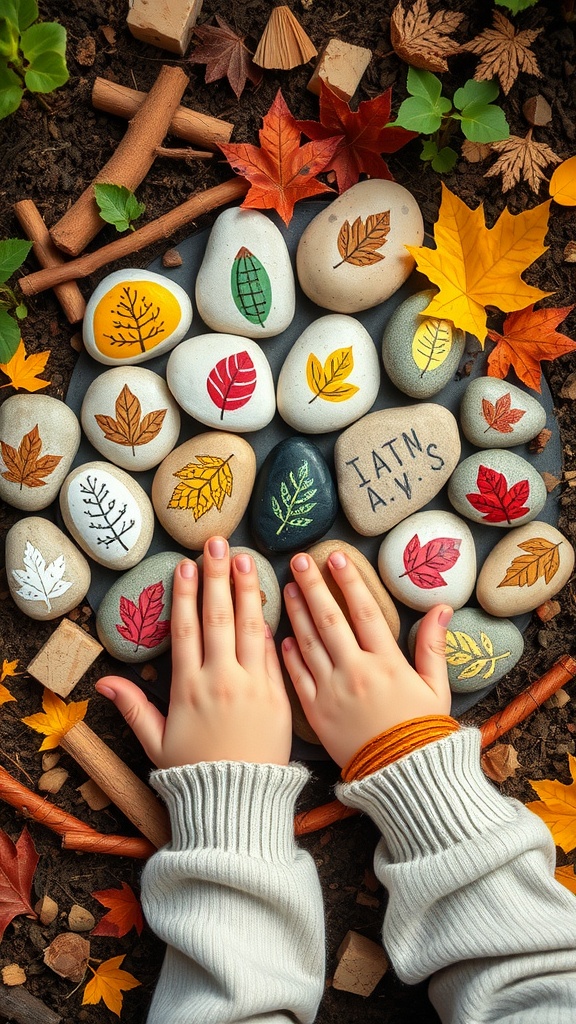 A collection of painted rocks with leaf motifs and a child's hands touching them.