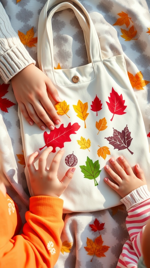 Children's hands touching a white tote bag with colorful leaf stamps on it