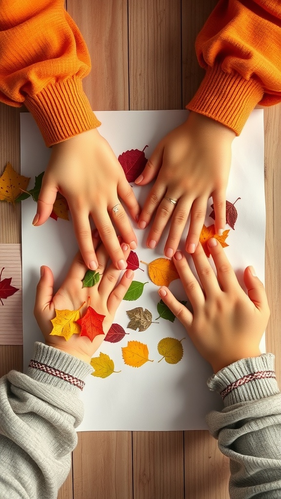 Children's hands placing colorful autumn leaves on a piece of paper for leaf rubbings.
