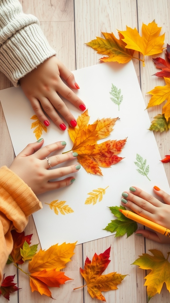 Children making leaf rubbings with crayons on paper, surrounded by colorful autumn leaves.