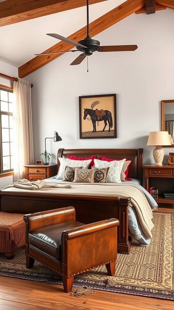 A western bedroom featuring leather furniture elements, including a leather armchair and bed frame, with rustic decor.