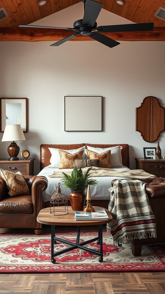 A western-themed bedroom featuring leather upholstered furniture, a cozy sofa, and rustic decor.