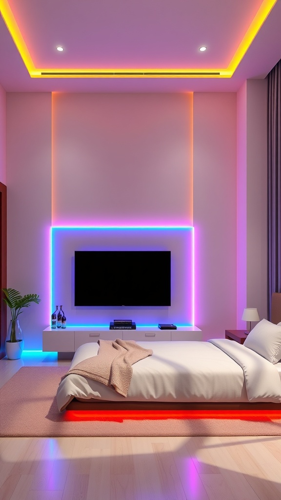 A modern bedroom featuring a TV wall with colorful LED backlighting, a cozy bed, and stylish decor.