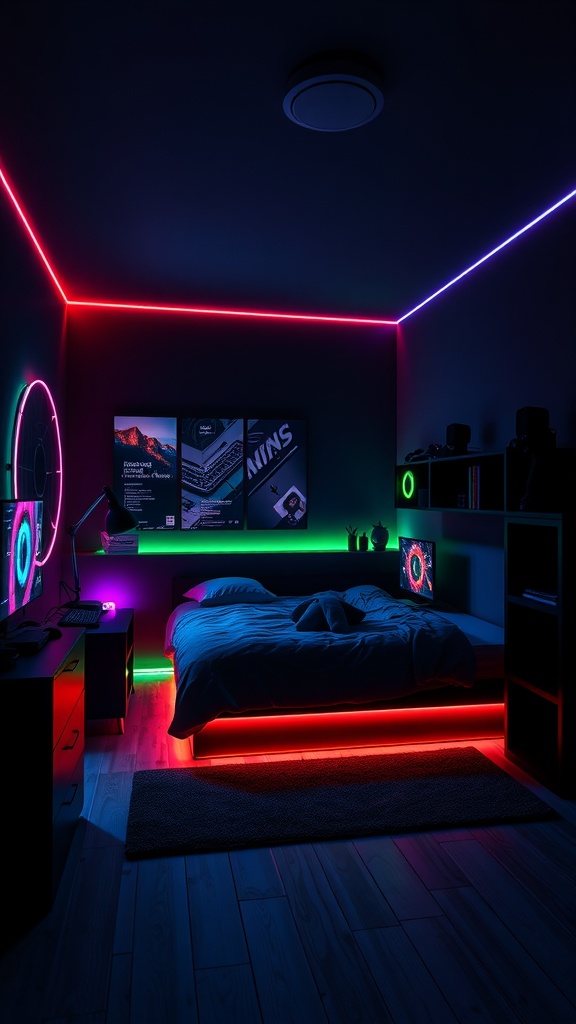 A stylish gamer bedroom with LED lighting effects in various colors, enhancing the ambiance and highlighting the furniture.