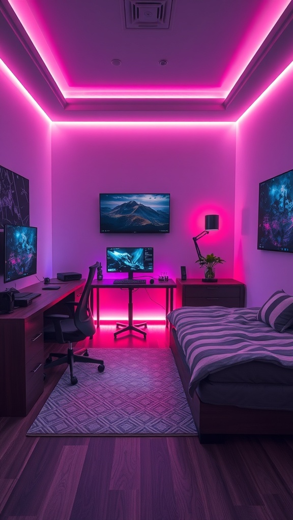 A gaming bedroom featuring pink LED lights, a desk with monitors, and a bed.