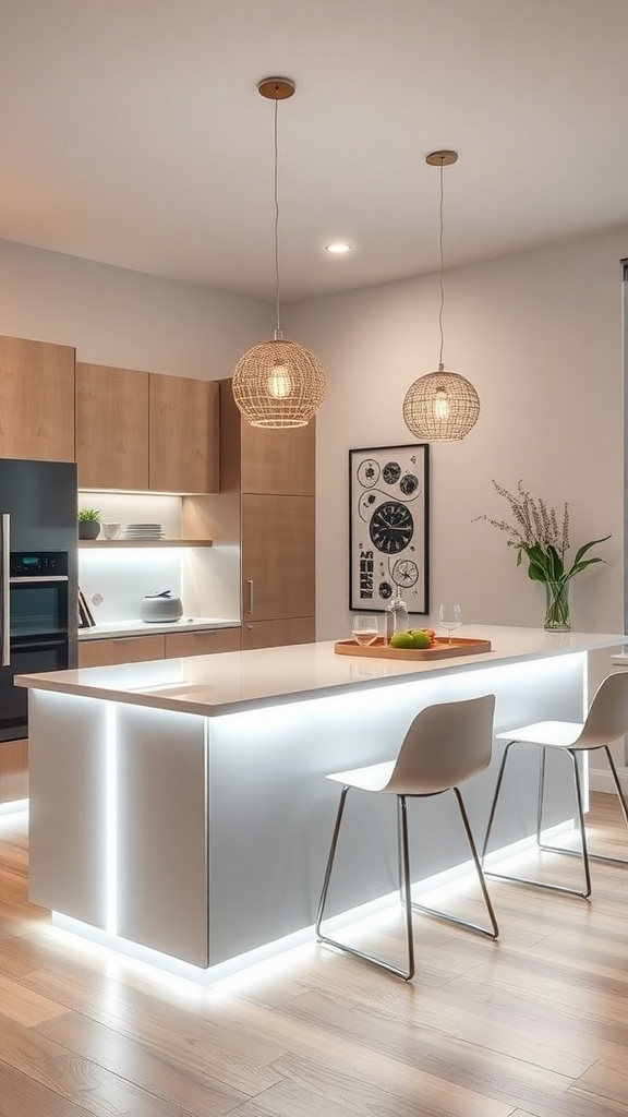 A modern kitchen island with LED strip lighting, featuring wooden cabinets and stylish pendant lights.