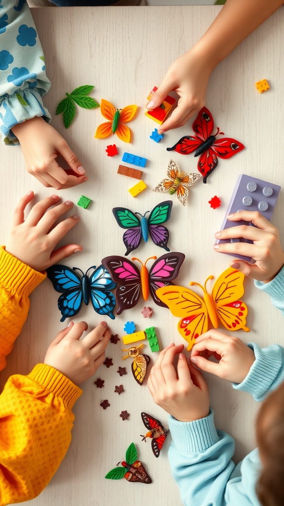 Children's hands building colorful Lego butterflies on a table