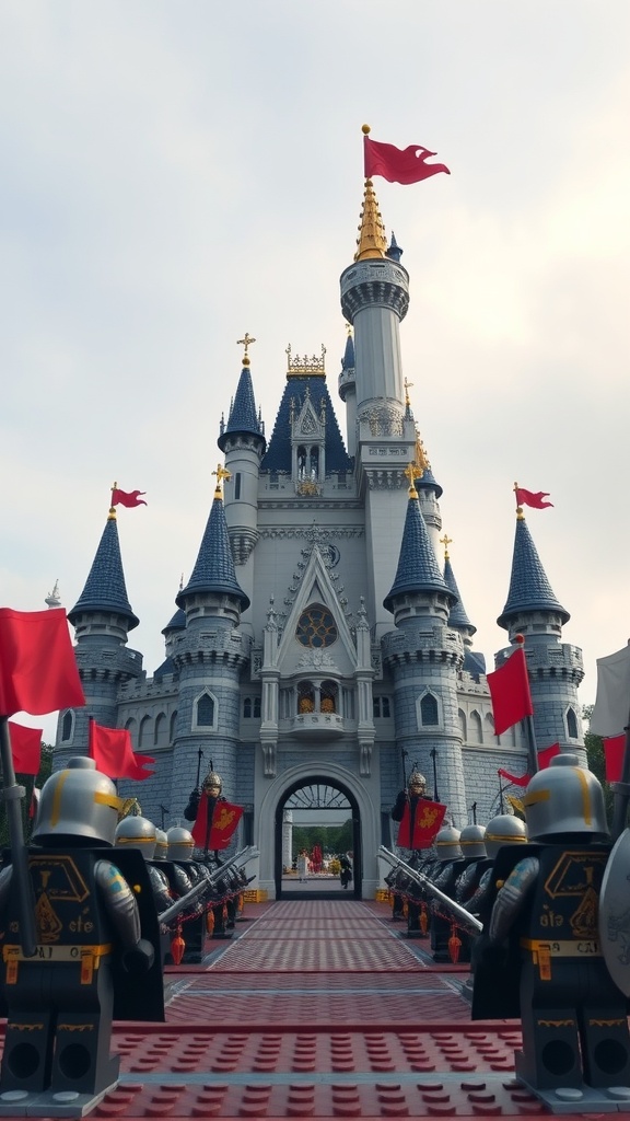 A detailed LEGO castle with knight figures standing in front of it, showcasing medieval elements and vibrant colors.
