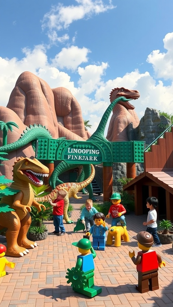 A colorful LEGO Dinosaur Park scene with children playing and large dinosaur models.