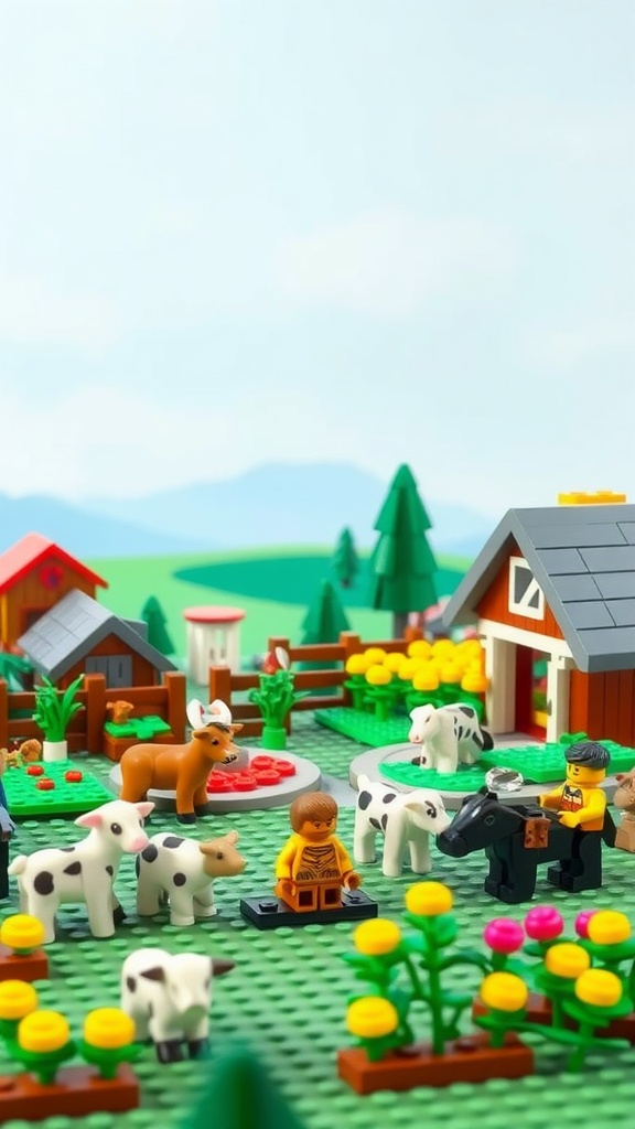 LEGO farmyard scene with animals and farmers