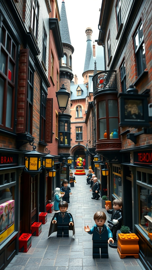 A detailed LEGO depiction of Diagon Alley from Harry Potter, featuring shops and characters.