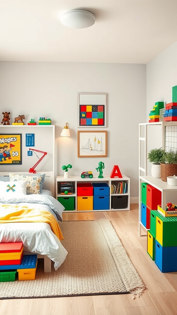 A colorful boys bedroom themed around Lego with vibrant storage boxes and toys.