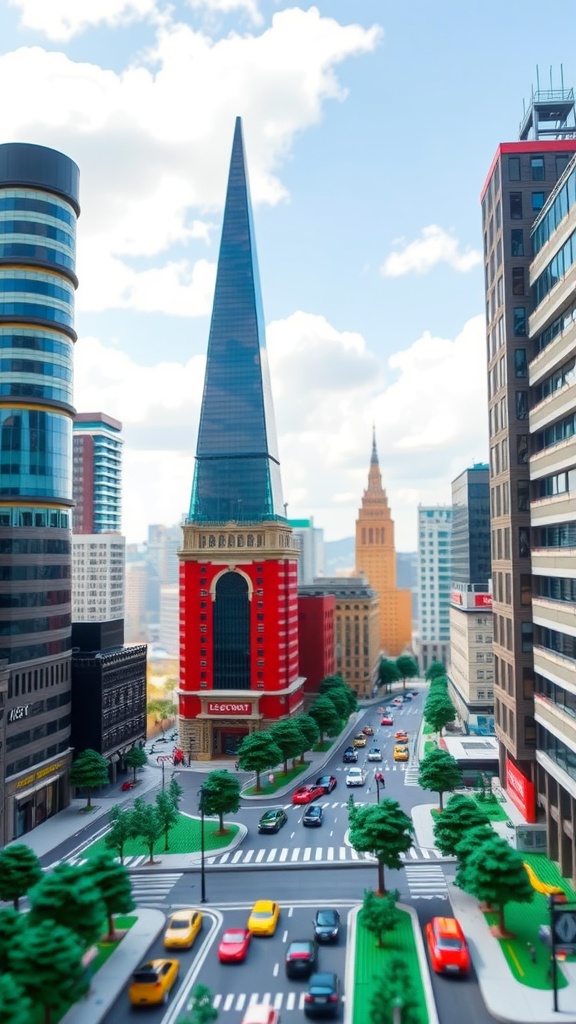 A colorful LEGO miniature cityscape featuring tall buildings, busy streets, and tiny cars.