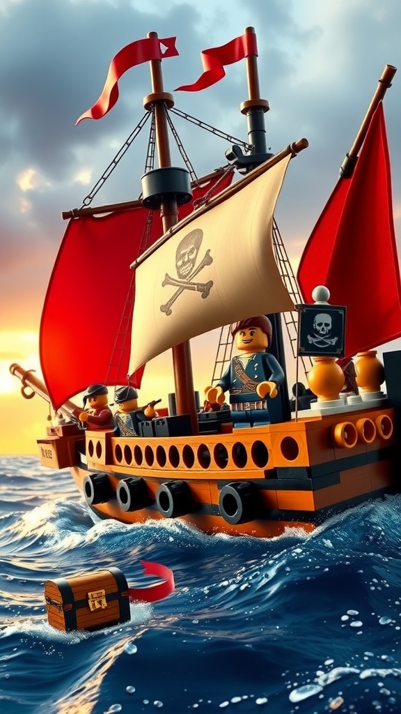 A LEGO pirate ship with red sails and a treasure chest floating in the water.