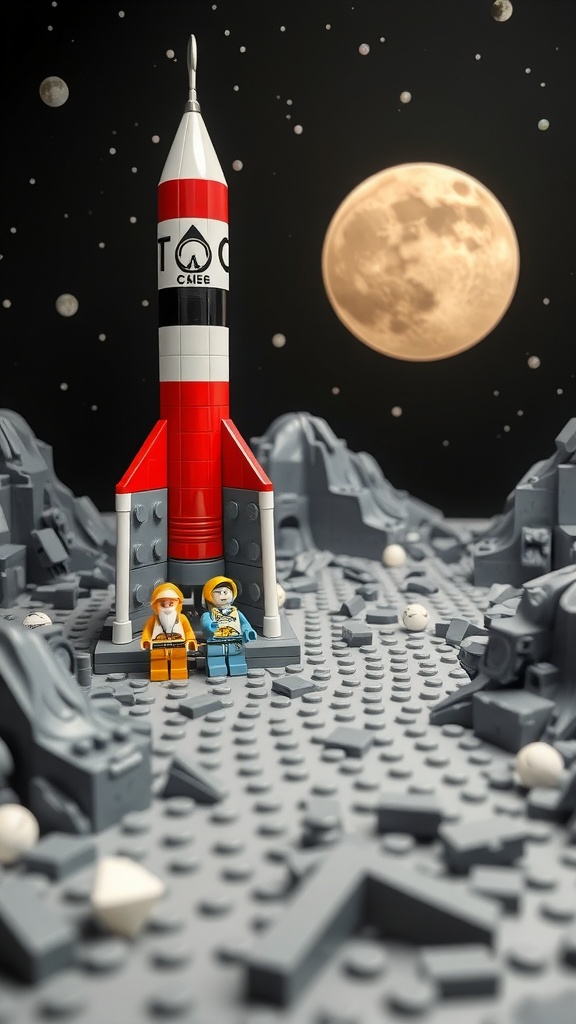 A vibrant LEGO rocket and two astronauts on a moon-like landscape.