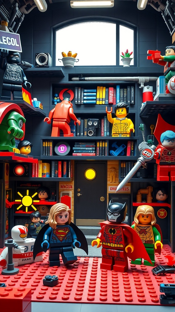 A vibrant LEGO superhero headquarters featuring multiple superhero minifigures, colorful shelves, and a detailed play area.
